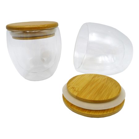 Vaso de vidrio doble pared con tapa de bamboo M7 - Imagen 2